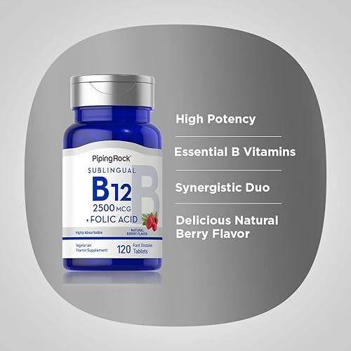 Miniatura 3 de Piping Rock Vitamina B12 Sublingual | 2500 mcg | 120 tabletas | con ácido fólico | Suplemento para mujeres y hombres | Sabor a bayas | Vegetariano,