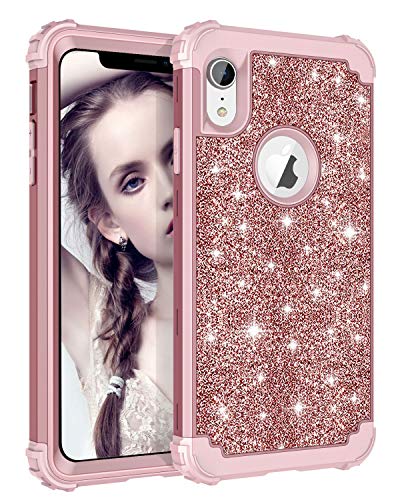 LONTECT Compatible iPhone XR 2018 Case Glitter Sparkle Bling Heavy Duty Hybrid Sturdy High Impact Shockproof Protective Cover Case for Apple iPhone XR 6.1 Display, Shiny Rose Gold