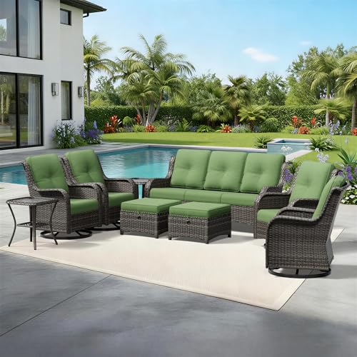 Image of Joyside 9 Piece Wicker Patio Furniture Set, Outdoor Swivel Rocker Patio Chairs with High Back, Deep Seating, Wide Armrest, Thickened Cushions, Outdoor Furniture for Deck, Porch Use