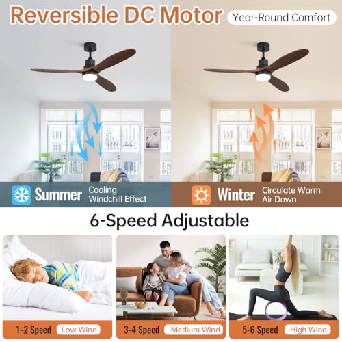 Image of Sofucor 60 Inch Wood Ceiling Fans with Lights and Remote, Indoor /Outdoor | Modern, 3 Blade, Quiet Reversible DC Motor, 3CCT Dimmable, 6 Speeds, Bedroom /Living Room /Farmhouse /Patio /Kitchen, Brown