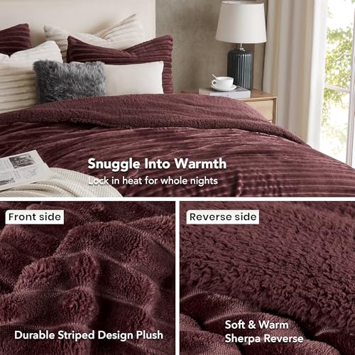 Juego de cama de sherpa Geniospin de microfibra burdeos reina 3 piezas 5