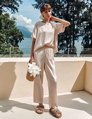 Ekouaer Women's Satin Pajama Set 2 Piece Sleepwear Loungewear Short Sleeve Pj Set Summer Sleep Set Champagne #TOP1