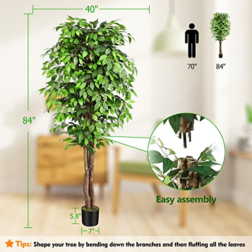 Image of 7ft Large Ficus Artificial Trees with Natural Curved Trunks, 84 inch Tall Lush Faux Tree for Home Decor Indoor, Green Lifelike Fake Ficus Tree Artificial Plants in Pot
