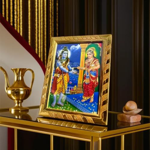 Image of Rhaa Lord Shiva with Mata Annapurna Sacred Acrylic Rectangulartabletop, wall mount Photo Frame | Blessed from Kashi Temples | Ideal Spiritual Gift for Home, Kitchen & Ann Bhandar | Golden, (20x16)CM