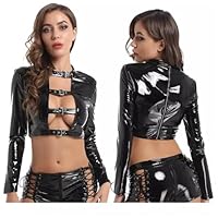 YIOTMOP Latex Kleider für Damen Wetlook Lackleder Catsuit Langärmliges Nabeloberteil und Hohler kurzer Shorts Bodysuit BDSM Dessous Latex Kleidung Leder Dessous Frauen Rave Body Outfits (M)