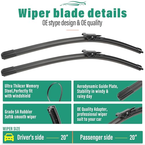 Image of 20 inch 20 inch 12 inch Windshield Wiper Blades Replacement for Ford Escape 2008 2009 2010 2011 2012 Premium All Weather Front Rear Wipers Set - OEM Quality (Pack of 3)