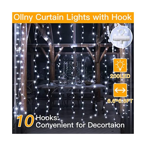Ollny curtain lights for bedroom - 200led 6. 6x6. 6ft fairy lights curtain with 8 modes timer remote, usb power, waterproof hanging string lights for backdrop wedding party wall decorations - image 4