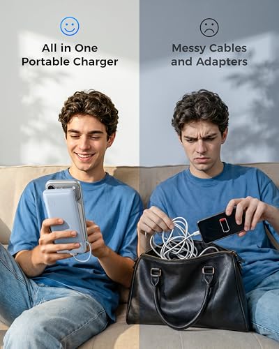 Image of VEGER Portable Charger with Built-in AC Plug and Cables, All in One 10000mAh Ultra Slim Power Bank Travel Essentials, USB C External Battery Pack Compatible with iPhone, Samsung, More, Blue
