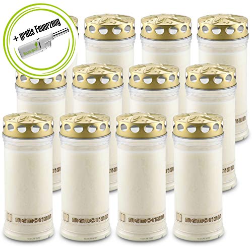 DecoLite: 12 Grabkerzen Memoriam Nr. 6 mit Deckel von Aeterna mit ca. 7 Tagen Brenndauer & Kerzenprofi Stabfeuerzeug - Weiß thumbnail