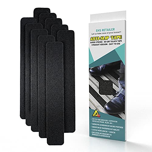 EHS Retailer Anti Slip Tape Waterproof Pre-Cut 10 Pieces 2 x 12inchs | Stair Treads Non-Slip Version 2019 | Strong Grip Tape For Stairs | Black Color 80 Grit | Bonus Scraper and Ebook