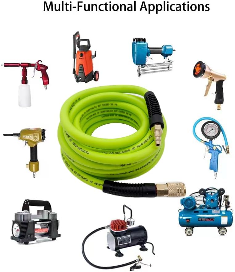 Hybrid Air Hose 3/8-Inch x 25FT,300 PSI Heavy Duty,Lightweight,Kink Resistant,All-Weather Flexibility with 1/4-Inch Industrial Air Fittings and Bend Restrictors,Green