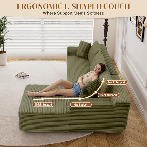 Image of 95 inch L Shaped Boneless Sectional Couches, Wide Armrest, Deep Seat, Memory Foam, Assembly Free, Modern Comfy Corduroy Fluffy Cloud Sofa with Left Chaise for Living Room, Small Spaces, Green