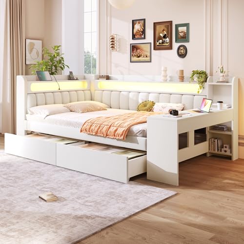 RIAZOS Polsterbett Schlafsofa 140x200 cm, Daybett mit Schreibtisch und 2 Schubladen, Tagesbett mit LED und USB-Anschluss, Funktionsbett Gästebett mit Lattenrost, ohne Matratze, Weiß