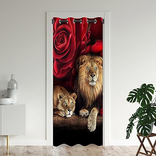 Lion Door Curtains for Doorways, Red Rose Flowe Africa Wildlife Animal King Blackout Curtain for Kids Bedroom Closet, Grommet Thermal Insulated Privacy Door Drapes for Room Divider, 34