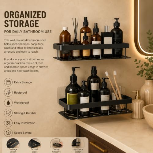 Image of OSLEN Pack of 2 Self Adhesive Bathroom Shelf, Metal Wall Mounted Shower Storage Rack, No Drill Bathroom Shelf Organizer, Rust Proof Storage Rack for Bathroom & Kitchen, Strong Adhesive, Black