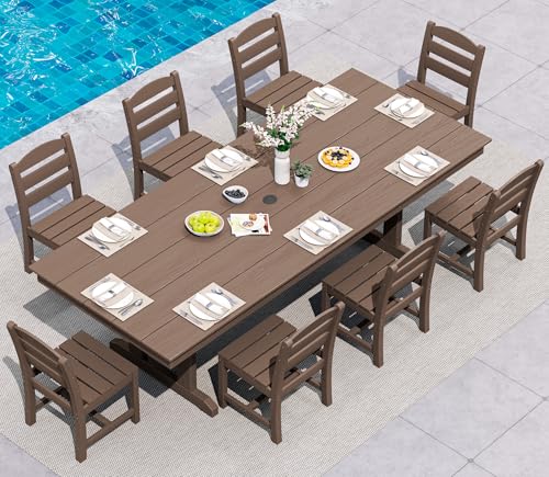 Image of SERWALL 9 Piece 84 inch HDPE Outdoor Dining Set for 8 with Armless Chairs and Umbrelle Hole, Brown