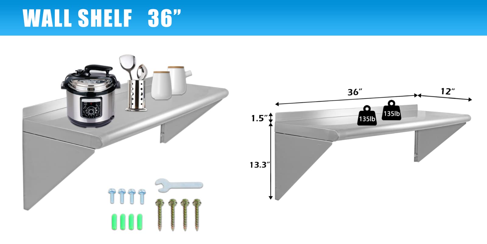 8.6" X 16" Stainless Steel Shelf, Wall Mounted Floating Shelving - View #7