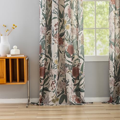 Image of Floral Boho Curtains 84 Inches Length Protea Flower Print Linen Texture Window Drapes for Patio Door Africa Tribal Exotic Romantic Retro Window Treatments Grommet 2 Panels W50 x L84 Coral &Green