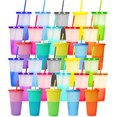 Lista de Vasos de plastico con popote del mes. 44 30 Piezas de Vasos Reutilizables de Plastico, Cambia de Color con Agua Fria, 710ml Vasos de Plástico de Colores con Tapa y Popote, Perfecto para fiestas y oficinas