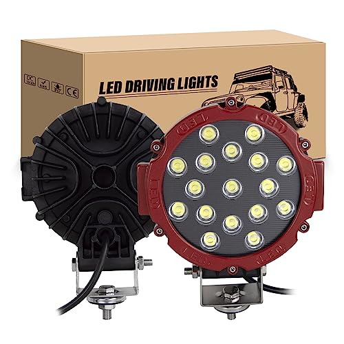 RIGIDON 2 Pcs Faros Trabajo Redondo, 7 Pulgadas 51W Rojo Inundación LED 12V 24V, Foco Tractor Floodlights para Off Road Camión Coche ATV UTE SUV 4x4, 6000K Antiniebla