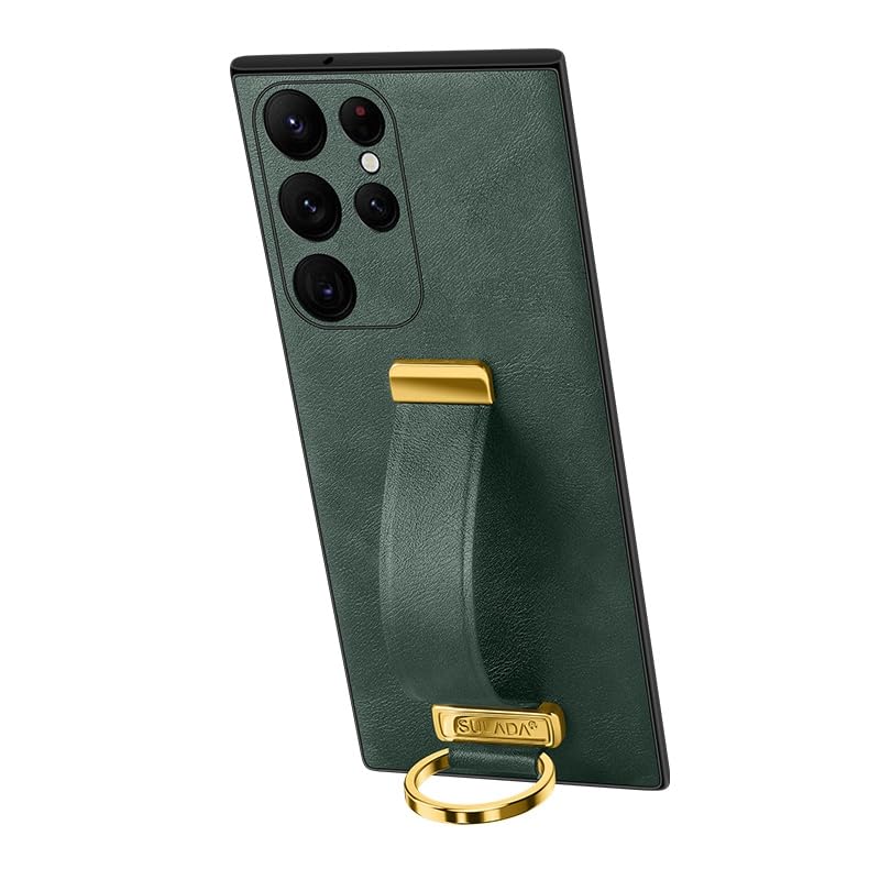 SULADA Cool Series - Leather Texture Skin Feel Shockproof Phone Case with Wristband and Ring Holder for Samsung Galaxy S23 Ultra 5G (Green)