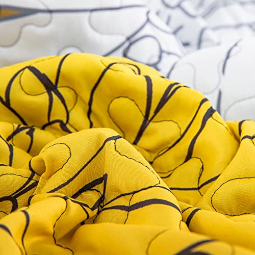 3 Pieces Yellow Floral Pattern Quilts Queen Size Coverlet Set - Lightweight Black Bedspread With 2 Pillowcases For All Season - Soft Microfiber Reversible Bedding Quilt Set (Yellow/Black, 96''X90'') #TOP4