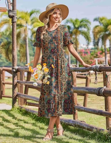 Image of Zeagoo Womens Summer Dresses 2026 Casual Midi Dress Flowy Sundress Ruffle Short Sleeve Tiered Dresses A Line Boho Dress