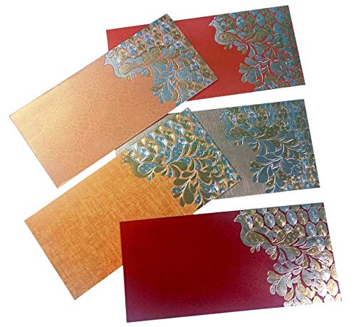 PARTH IMPEX Shagun Gift Envelope for Cash (Pack of 50) 7.5" x 3.5" Peacock Feather Gold Silver Foil Stamping Assorted Color Money Holder Card for Christmas Diwali Birthday Wedding Graduation