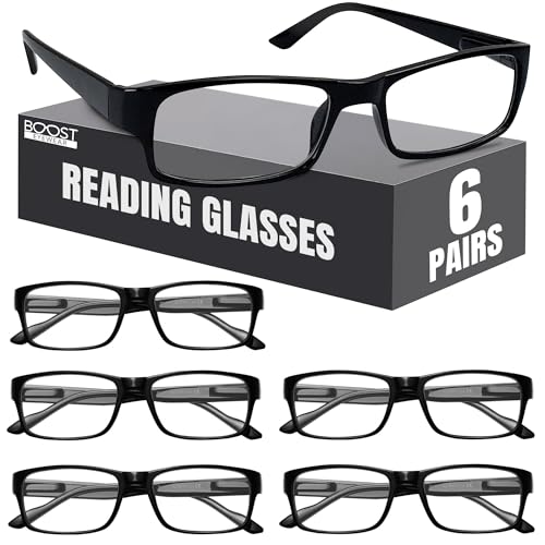 Boost Eyewear 6 Pack Reading Glasses – Classic Black Rectangular Frames with Spring Hinges – Comfortable Eye Glasses Readers for Women & Men (+2.00)