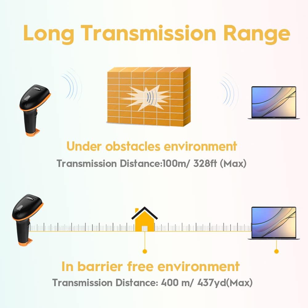 NADAMOO Wireless Barcode Scanner 328 Feet Transmission Distance USB Cordless 1D Laser Automatic Barcode Reader Handhold Bar Code Scanner with USB Receiver for Store, Supermarket, Warehouse - Orange