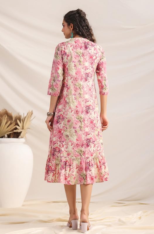 Image of Janasya Women's Cotton Pink Abstract Print Casual Wear Summer Dress for Women