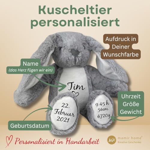mamir home Geburtsgeschenk Baby Jungen & Mädchen | Hase Kuscheltier personalisiert mit Name & Geburtsdaten I 34cm I Geschenkidee zur Geburt I Taufe