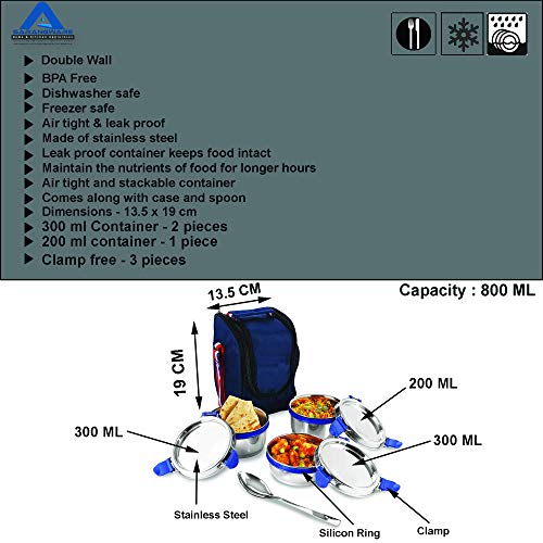 Image of 3Pcs Single Wall Stainless Steel Lunch Box with Cover, Spoon & Silicon AirTight Lid | 800ML | Silver