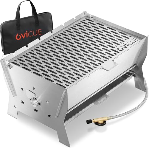 ovicue Grill | Mobiler Steck-Gasgrill – Tragbarer Edelstahlgrill mit Stecksystem – Gas- & Holzkohlebetrieb – Inkl. Tragetasche – Perfekt für Camping, Balkon, Garten & Outdoor - Camping Grill