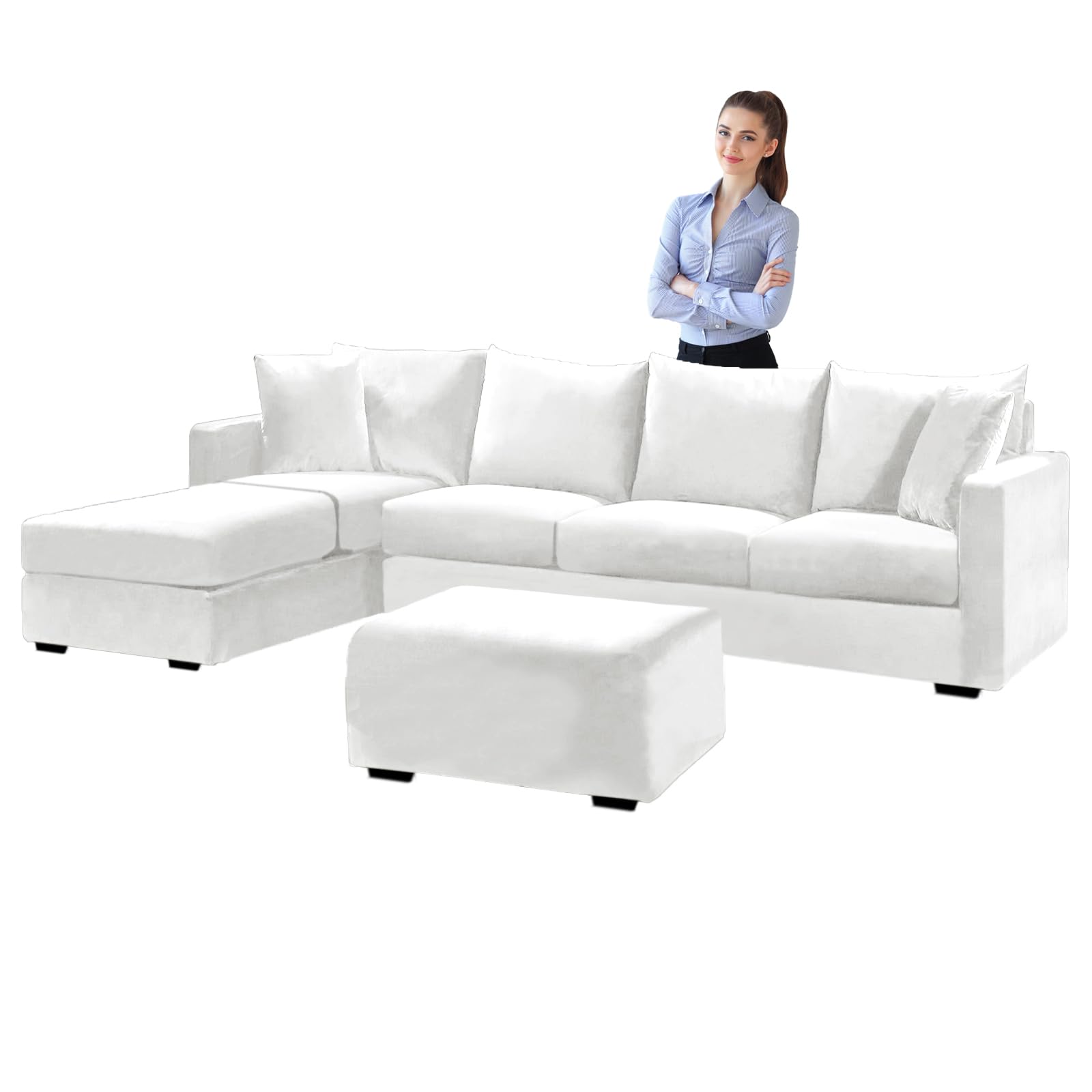 SYLC Velvet Sofa Covers L Shape, Stretch Corner Sofa Cover with Cushion Covers, Couch Cover Friheten Cover for U Sectional Sofa (White,Cushion Square-M)