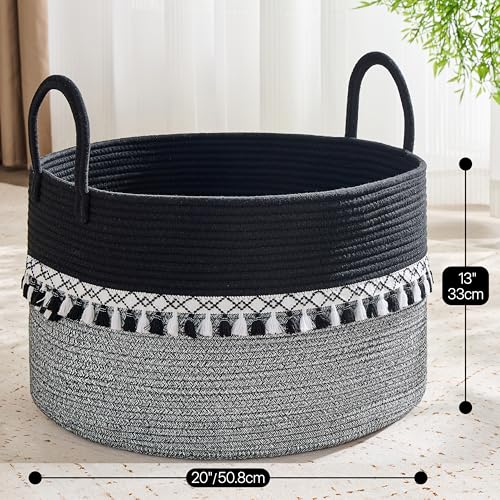 Image of KAKAMAY Cotton Rope Storage Basket (20 inchx13 inch),Woven Hamper for Blankets,Toys,Pillows,Clothes,Laundry,Sturdy Handles Decorative Basket for Living Room, Bedroom,Nursery(Black Printing)