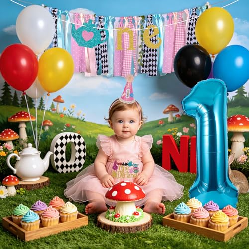 Image of Welcome to Onederland Highchair Banner for First Birthday Party Decorations | Teapot Onederland High Chair Banner for Girls Alice in Wonderland 1st Birthday Backdrop Decors Baby Shower Party Supplies