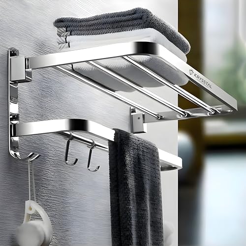 Image of Towel Holder in Bathroom - Towel Hanger for Wall,TwinFlex 304 Stainless Steel Foldable Towel Rack, Rustproof Wall Mounted Bathroom Shelf with Hooks, Heavy Duty Bathroom Accessories,24 Inch, Silver