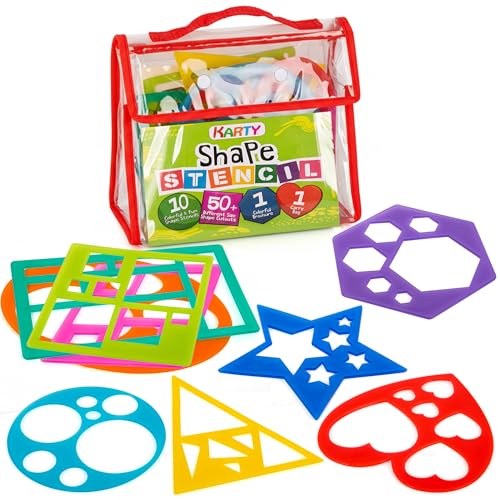 Karty Thick Shape Stencil Set with Case 10pcs Sturdy Plastic Drawing Templates for Kids Teacher Classroom Supplies and Preschool Arts & Crafts Colorful Learning Kit for Toddlers Ages 4+