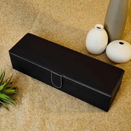 Image of Leather World Faux Leather Watch Box Organizer - Watch Case Box Men - Watch Organizer Storage Tray Women - Wrist Watch Holder 6 Slots - Sleek And Display Case - Black
