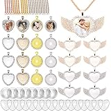 Aulufft 72 Pieces Rhinestone Bezel Wings Heart Pendant Kit, 24 Colorful DIY Round Heart Wing Bezel P