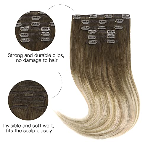 Hotbanana Clip In Hair Extensions, Walnut Brown To Ash Brown And Bleach Blonde 120G Clip In Hair Extensions Real Human Hair Straight Remy Hair Clip In Hair Extensions 14 Inch 7Pcs #TOP1