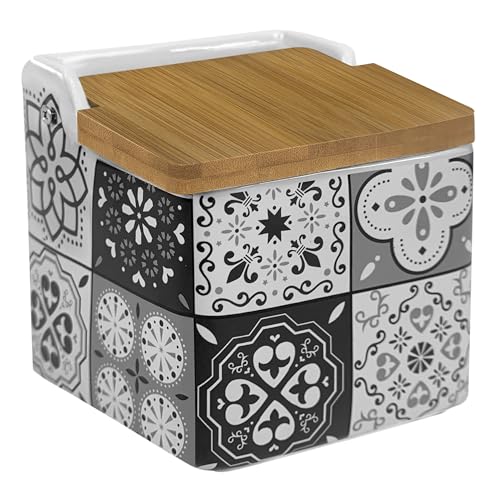 TIENDA EURASIA - Salero de Cocina de Cerámica | Tapa Abatible de Bambú | Diseño Moderno de Mosaico | Color Gris | Medida 12 x 12 x 11 cm | Saleros de Cocina Modernos