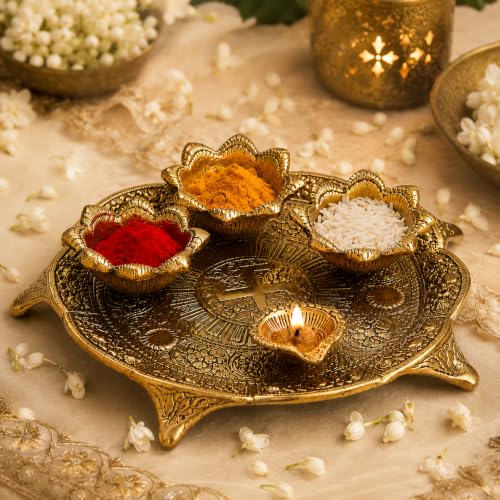 Image of eCraftIndia Golden Metal Swastik Designer Pooja Thali With 3 Bowls And 1 Diya - Traditional Pooja Essential Set For Home, Temple Use - Gift For Family - Suitable For Diwali, Navratri, Pooja Ceremonies