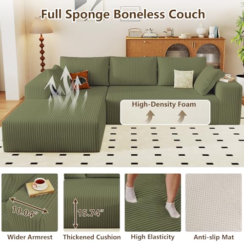 Image of 96 inch Modular Sectional Couch, Boneless L Shaped Cloud Sofa with Chaise Lounge, Corduroy Upholstered Couches Memory Foam Deep Seat, No Assembly Required, Ideal for Living Room(Green, Left Facing)
