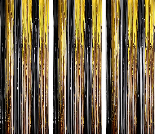 AILEXI 3er Pack Metallic Lametta Vorhänge Folie Fransen Schimmer Luftschlangen Vorhang Tür Fenster Dekoration für Geburtstag Hochzeitsfeier Lieferungen 3ft * 8ft - Schwarzes Gold Cover