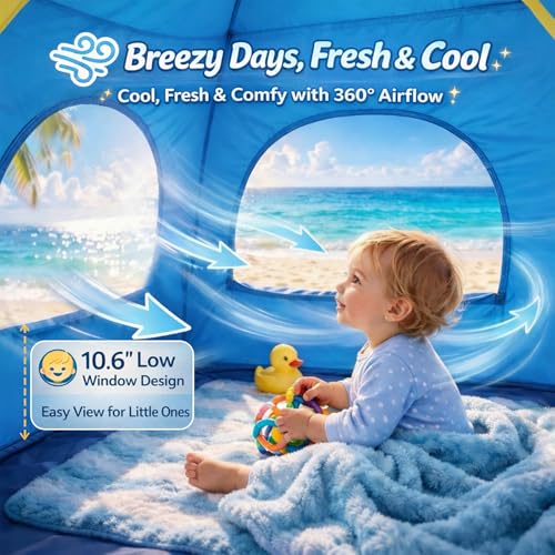 Image of Baby Beach Tent Pop Up Sun Shelter with UPF 50+ UV Protection, Silver-Coated Interior, Breathable Mesh Ventilation, Easy Setup, Wind-Stable Beach Shade for Infants & Toddlers