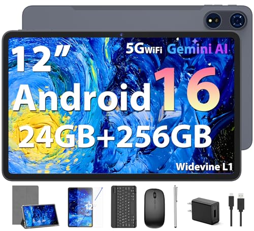 JJGJ 2026 12 Inch Android 16 Tablet with Keyboard, 24GB+256GB+2TB Expand, 2K Gemini AI Tablet with 5G WiFi, Octa-Core, 8000mAh, BT5.0, 16+8MP, 2 in 1 Tablets PC with Case, Mouse, Stylus (Silver Case)