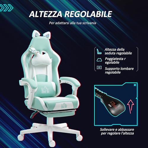Sedia Gaming Ergonomica con Orecchie da Gatto, Poltrona Gaming Ufficio Reclinabile in Finta Pelle con Poggiapiedi, Poggiatesta e Altezza Regolabile, Supporto Lombare e Cervicale, Blu - Sedia gaming - Immagine 4