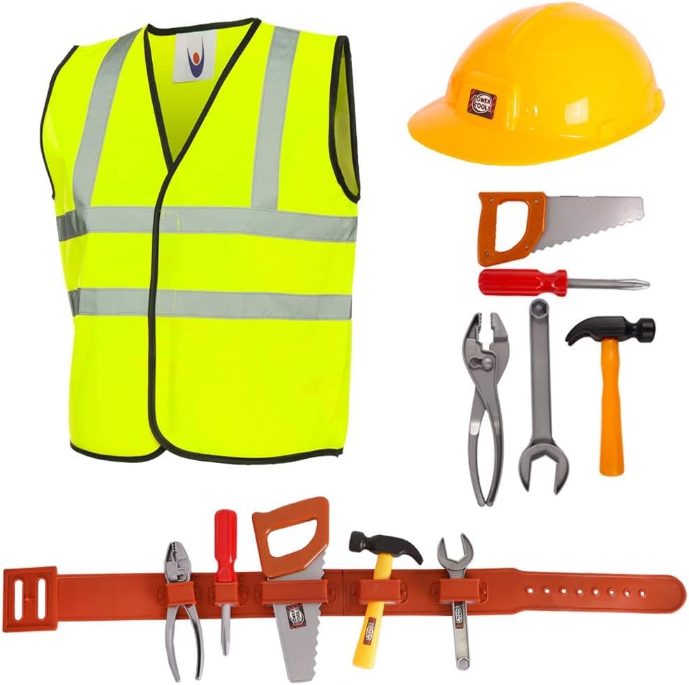 Childs Builder Playset Kids Toy Toolkit - 8 Pcs Builder Dress Up with Tool Belt (5 Unique tools) - Construction Worker Fancy Dress Costume For Boys & Girls (Small - 4-6 Years) — image 1
